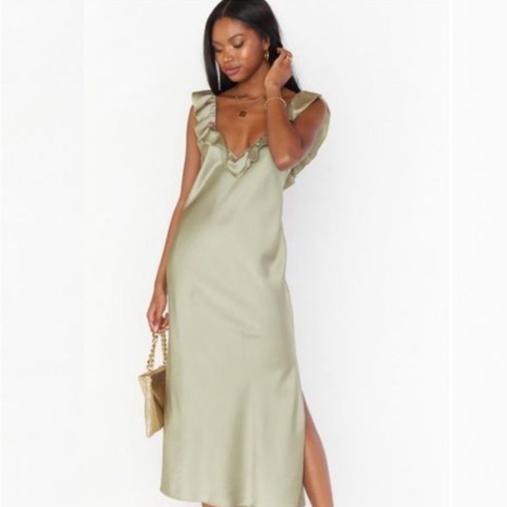 Show me your mumu serene slip dress moss green satin